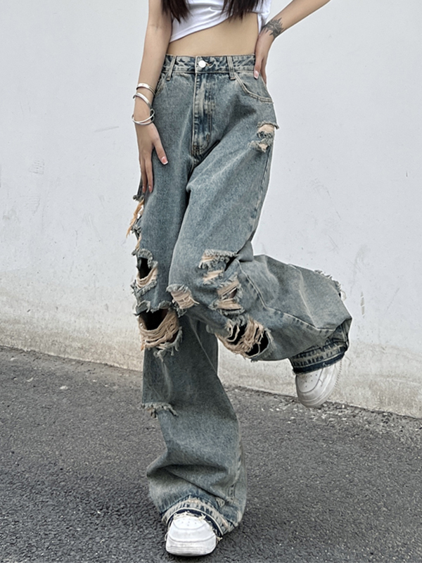 Wash Denim Ripped Jeans