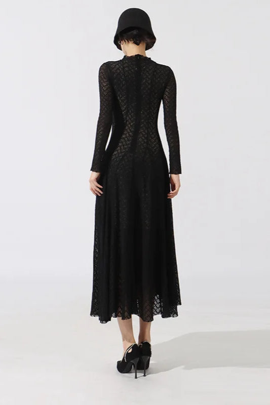 Mock Neck Geometric Crochet Knit Long Sleeve Fit and Flare Maxi Dress