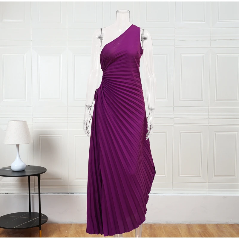 Ootddress Elegant Female Sexy Dress Gown Pleated One-Shoulder Sleeveless Summer Party Dress Fashion Slim Solid For Women Maxi Dress