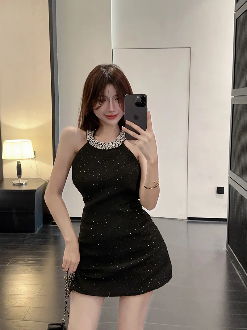 Sexy Halter Mini Dress Women Sleeveless Rhinestone Patchwork Shiny Slim Fashion Backless Evening Party Dresses Club Prom Vestido