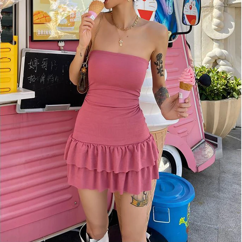 Summer Sexy Mini Dress Women Sleeveless Streetwear Backless Folds Bodycon Black Dress Party A-LINE Strapless Dresses Y2k Clothin 9 Summer Sexy Mini Dress Women Sleeveless Streetwear Backless Folds Bodycon Black Dress Party A-LINE Strapless Dresses Y2k Clothin