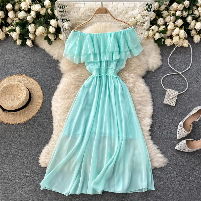 Women Chiffon Beach Dress Sexy Double Layer Ruffled Off The Shoulder Boho Dresses Ladies Sweet Slash Neck Long Dress 17 Women Chiffon Beach Dress Sexy Double Layer Ruffled Off The Shoulder Boho Dresses Ladies Sweet Slash Neck Long Dress