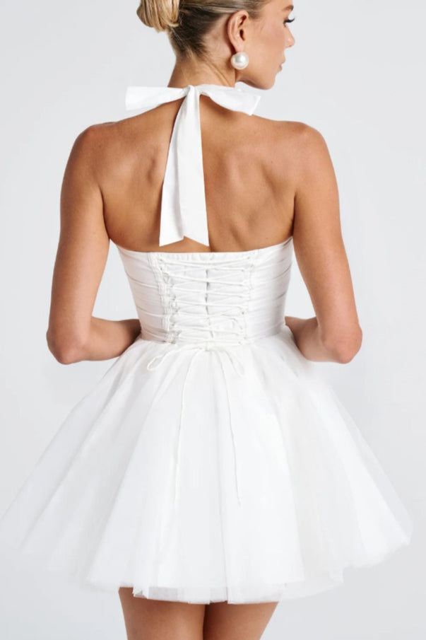 Boned Halter Lace Tie Waist Tulle Overlay Mini Dress
