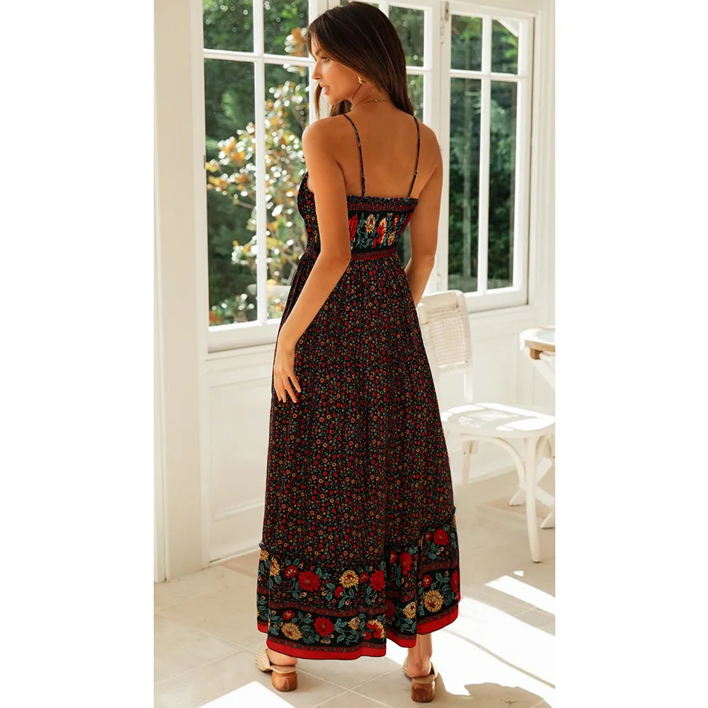 Bohemian Floral Spaghetti Strap Dresses Women Sexy V-neck Backless Casual Beach Vacation Long Dress Female Vestidos Summer New 29 undefined