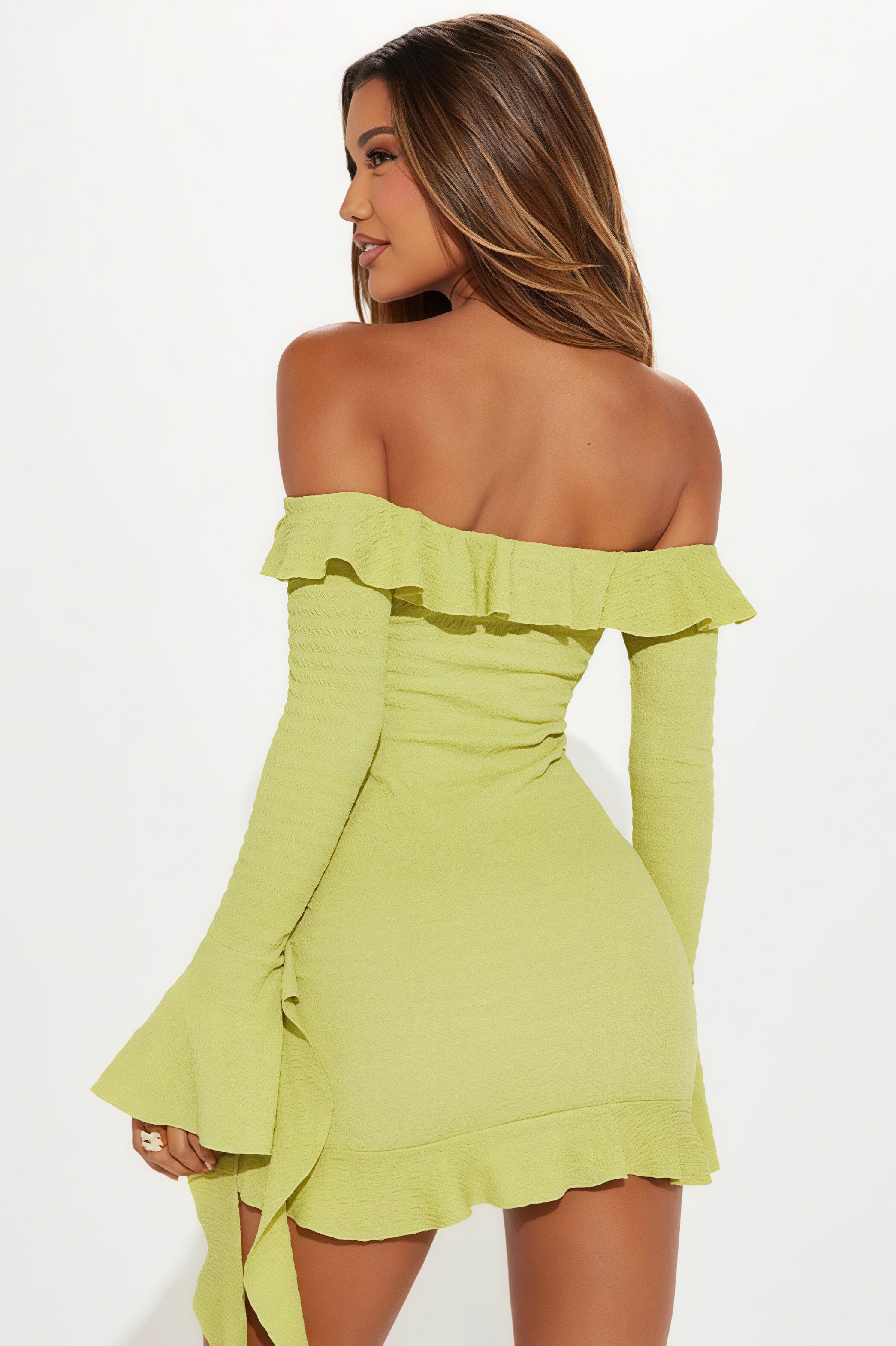 Off-Shoulder Tiered Ruffle Smocked Bell Sleeve Bodycon Mini Dress