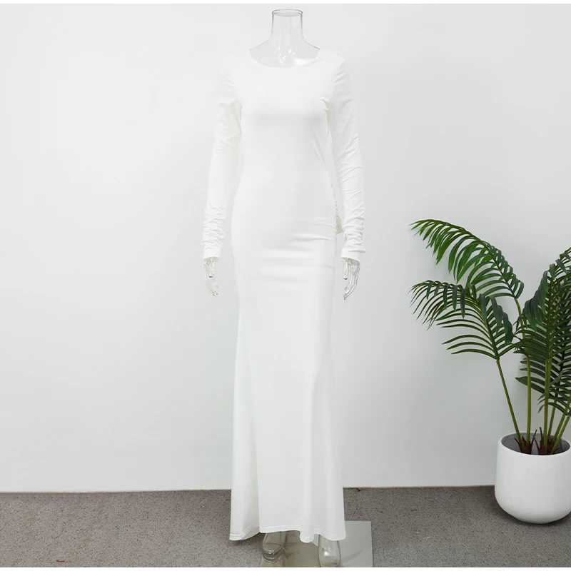 Fashion Solid Hollow Out Maxi Dress For Women Elegant Round Neck Long Sleeve Backless Slim Dresses 2025 New Female Evening Gowns