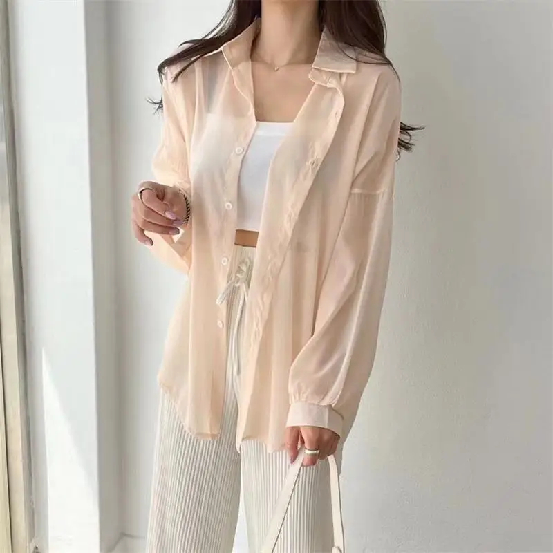 Perspective Shirts Women Sheer Thin Chic Summer Simple Solid Sun-proof Top Fashion Blouse Baggy All-match Basic Korean Clothing