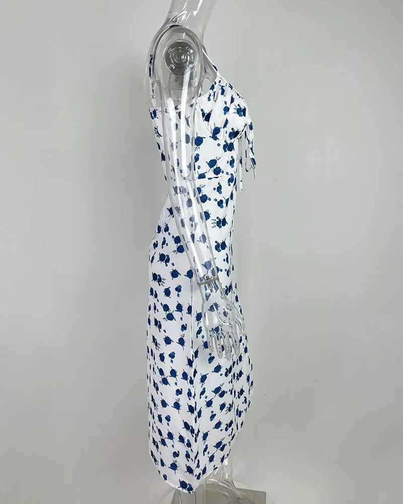 Flower Printed Spaghetti Strap Dresses For Women Sexy Low Cut Beach Party Slim Slit Dress Chic Bodycon Lady Sleeveless Vestidos 23 undefined