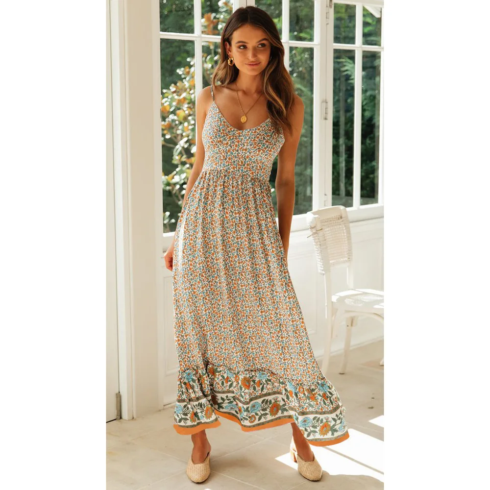 Bohemian Floral Spaghetti Strap Dresses Women Sexy V-neck Backless Casual Beach Vacation Long Dress Female Vestidos Summer New 25 undefined