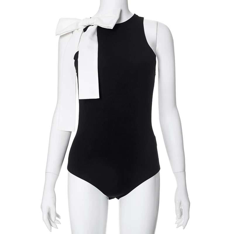Fashion Slim Fit Sleeveless High Neck One Line Shoulder Bow Bodysuit - Women's Sexy Versatile Pullover
