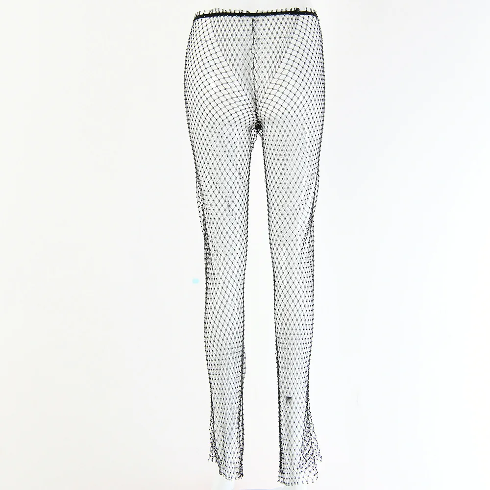 Ootddress Club Crystal Leggings Fashion Sexy Hollow Out Fishnet Diamond Women Pants Shiny Wide Leg Trousers Ladies Party Leggings