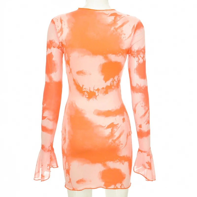Spring Summer Abstract Print Trumpet Sleeve Bandage Mini Dresses Sexy V Neck Party Dresses Women
