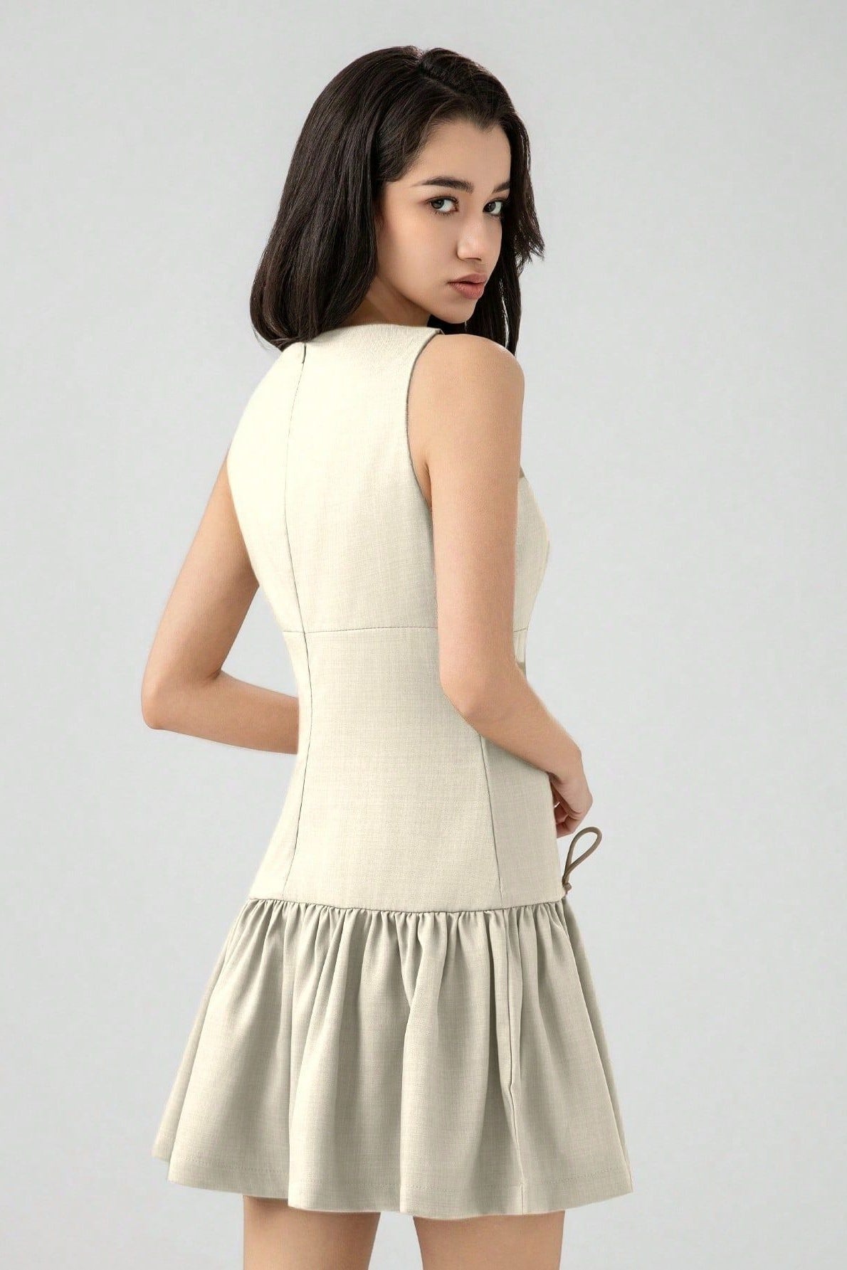 Crew Neck Dropped-Waist Bow-Tie Flounce Mini Dress