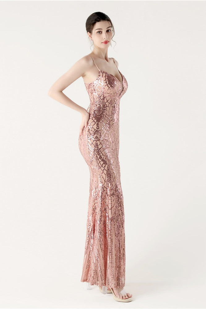 Sequin V-Neck Cross Strap Mermaid Maxi Dress