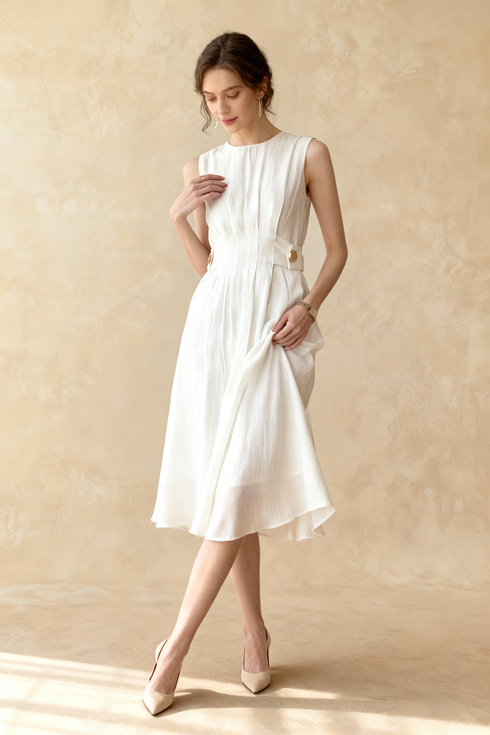 Pleated Crew Neck Sleeveless Button Tab Waist Fit and Flare Midi Dress