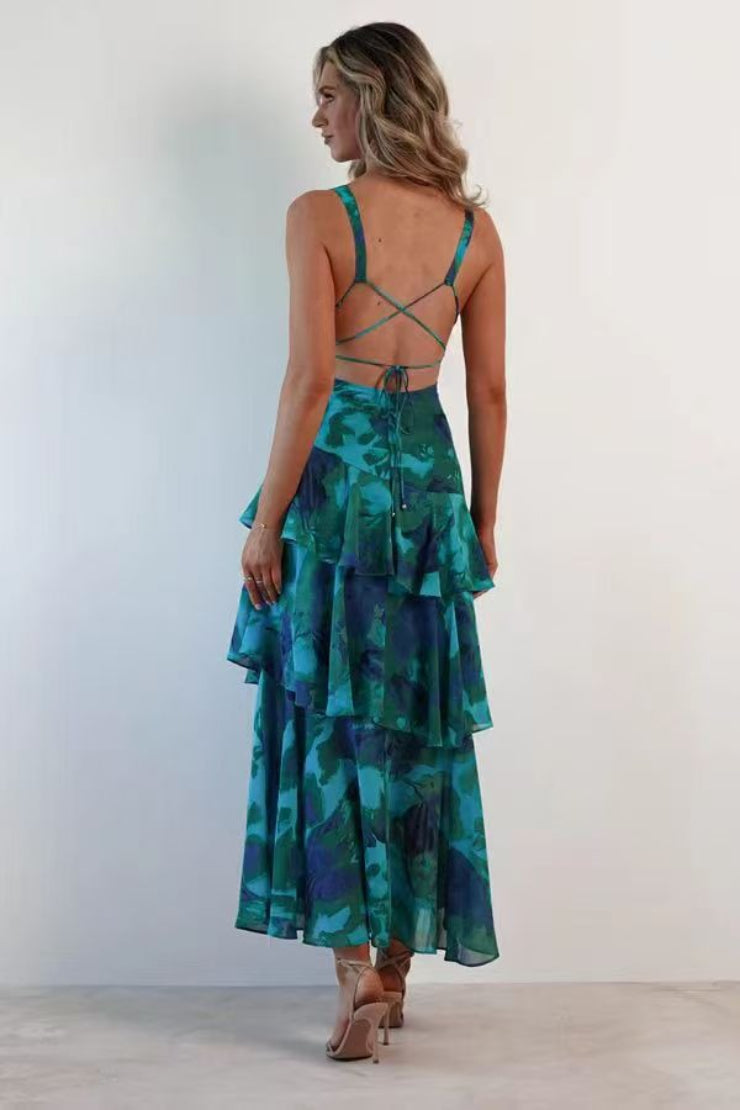 Deep V Neck Tiered Ruffle Watercolor Floral Print Maxi Dress