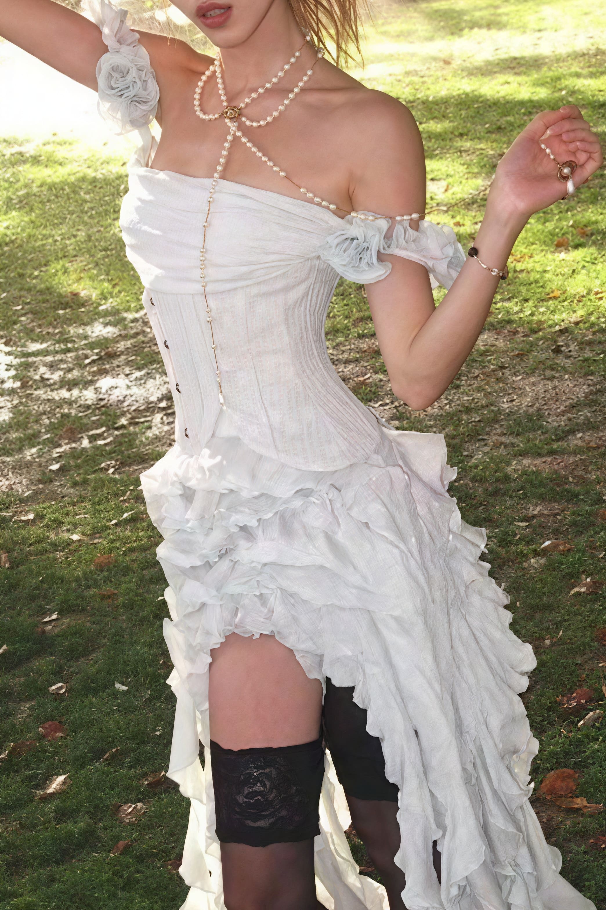 Halter Corset Button Front Detached Ruffle Sleeve Shredded Fringe Mini Dress