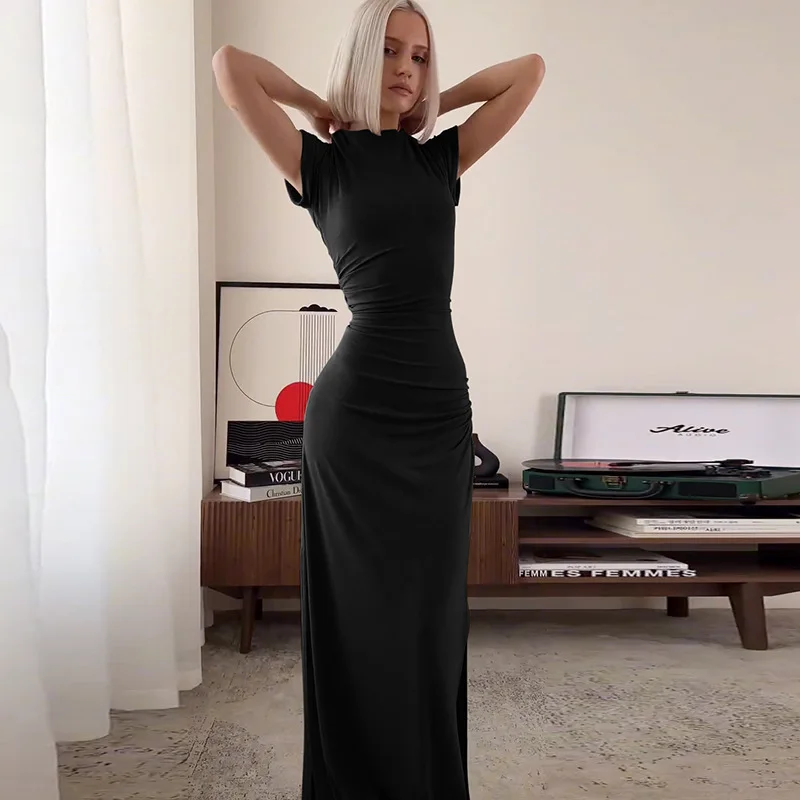 Women's Elegant O Neck Maxi Dress Short Sleeve Slim High Waist Shirring Dress Sexy Side Slit Evening Club Bodycon Dress Lady 25 Women's Elegant O Neck Maxi Dress Short Sleeve Slim High Waist Shirring Dress Sexy Side Slit Evening Club Bodycon Dress Lady