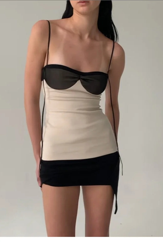Mesh Illusion Overlay Spaghetti Strap Asymmetric Hem Mini Dress