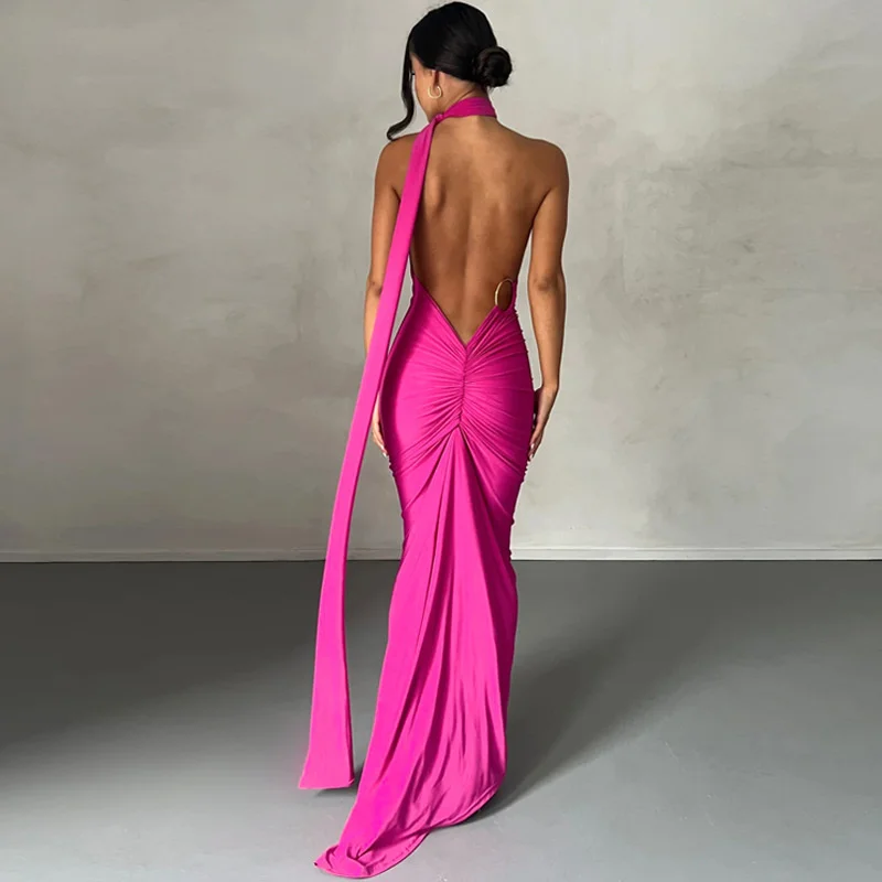 Ootddress Oblique Shoulder Backless Maxi Dress For Women Gown Summer Back Strap Sleeveless Ruched Party Sexy Long Dress Vestidos