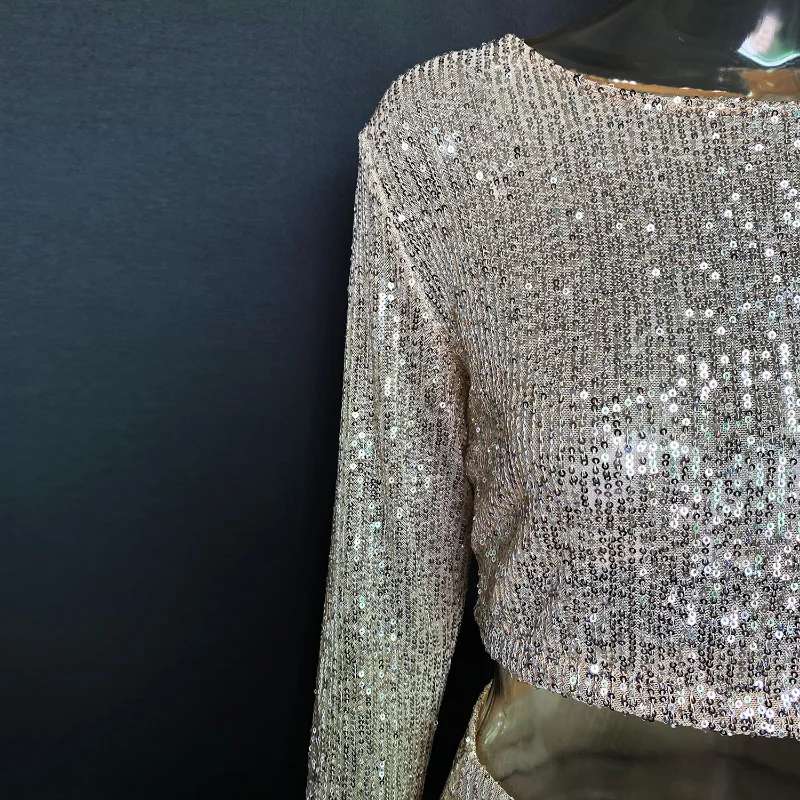 Ootddress Sequins Loose Dress Sets Women Long Sleeve Crop Tops High Waist Sexy Maxi Skirts Ladies Two Piece Suits Womens Outifits