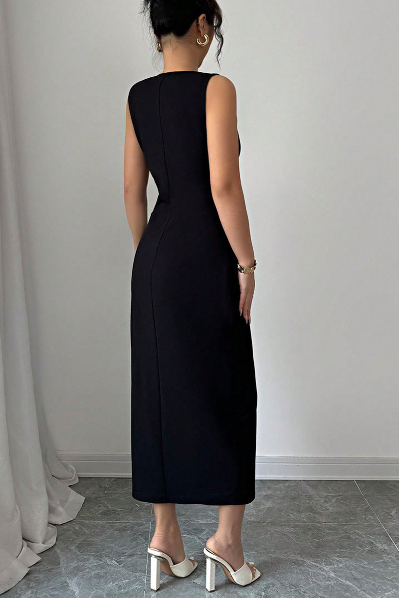 Black Bow Tie Slit Hem Bodycon Midi Dress