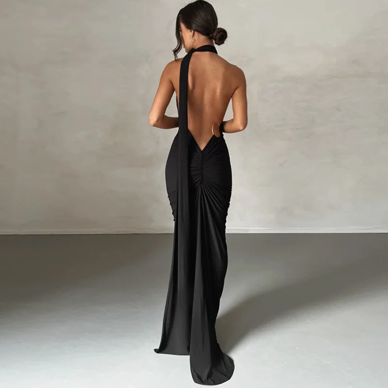 Ootddress Oblique Shoulder Backless Maxi Dress For Women Gown Summer Back Strap Sleeveless Ruched Party Sexy Long Dress Vestidos
