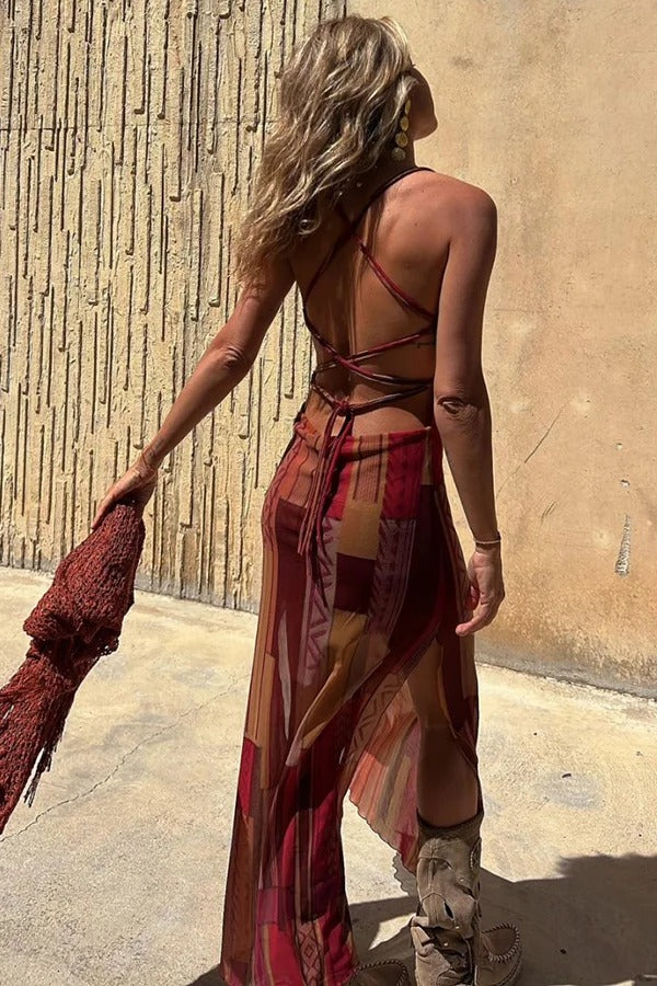 Baroque Print Lace Up Cross Back Halter High Split Maxi Two-Piece Set