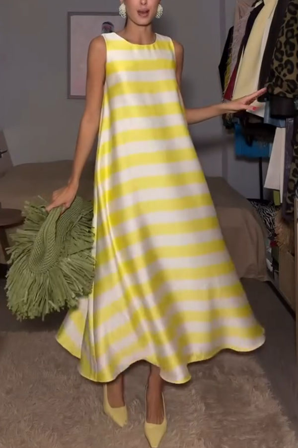 Elara Satin Striped Contrast Print Sleeveless Pocket A-line Maxi Dress
