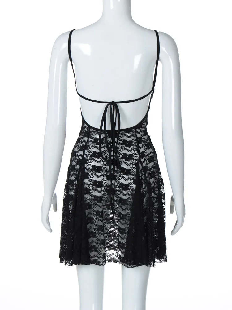 Fantoye Sexy See Through Lace Women Dress Black Spaghetti Strap Print Floral Dress Female 2025 Summer New Elegant Party Clubwear