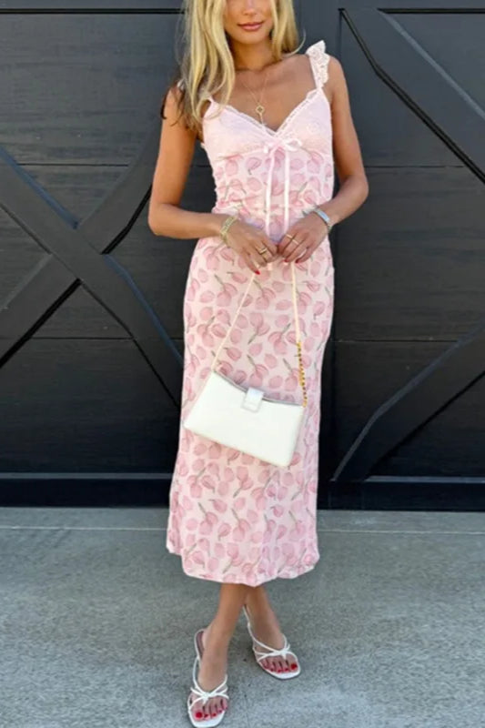 Tulip Floral Print Lace Trim Bow Tie Flutter Strap Midi Slip Dress