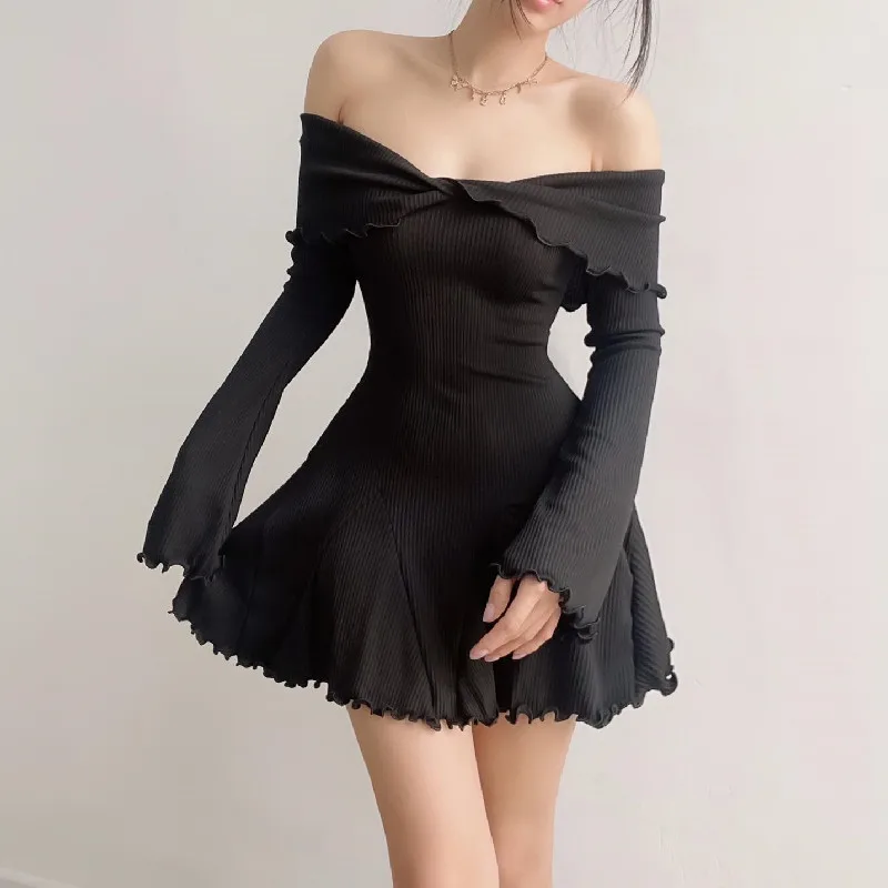 Ootddress Black Knit Ruffled Mini Dress Women Patchwork Off-Shoulder Loose Slim Fashion Ribbed Dress Knitwear Clothes Female Dress