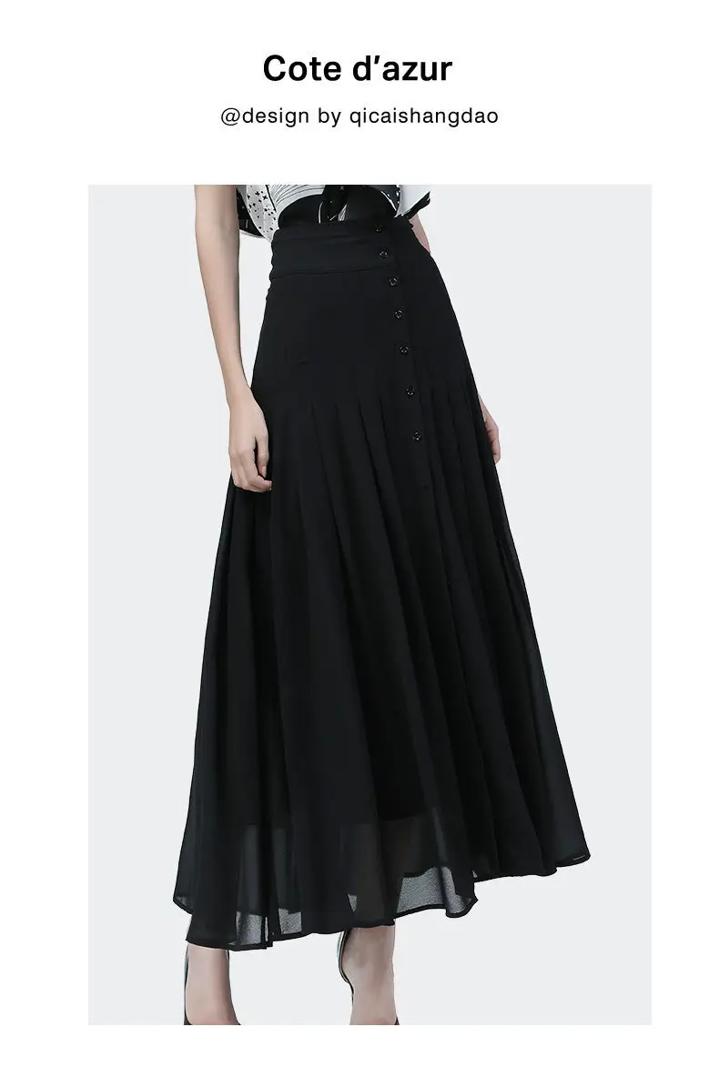 Elegant Mid-length Skirt All-match High-waist Sexy Button Slit Mesh Long Gauze Skirts for Women Summer Pleated Skirts Black 8 Elegant Mid-length Skirt All-match High-waist Sexy Button Slit Mesh Long Gauze Skirts for Women Summer Pleated Skirts Black