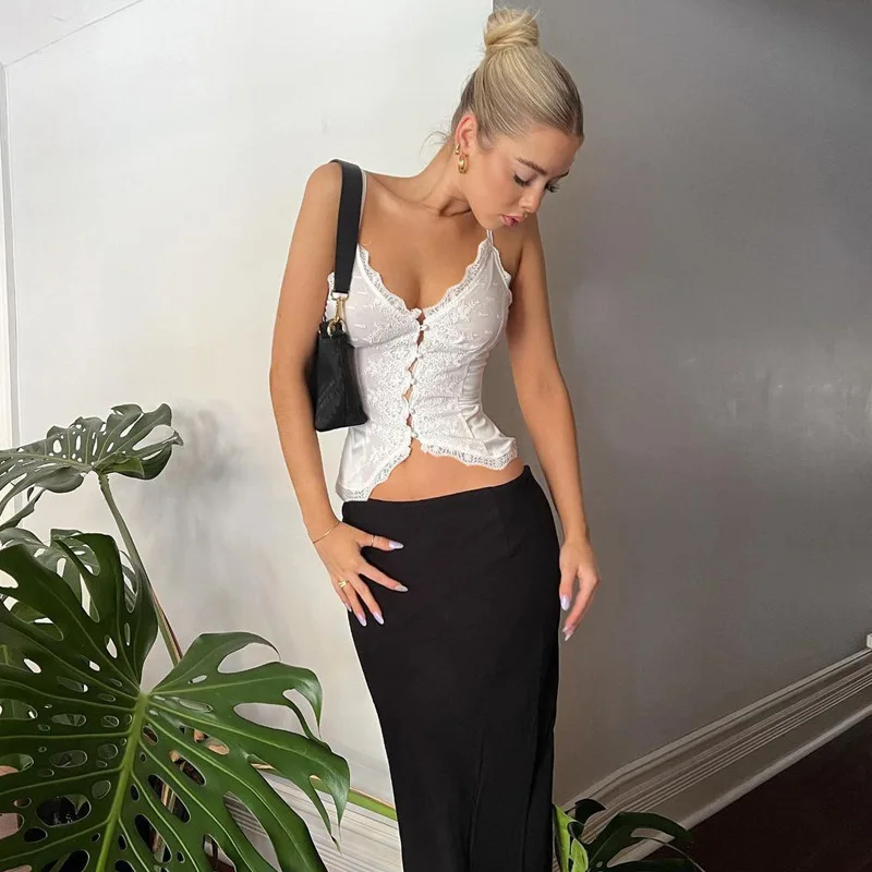 Ootddress Lace Casual Female Camisole Y2k Top V-Neck High Waist Streetwear White Backless Patchwork See-Through Women Tank Top Vest