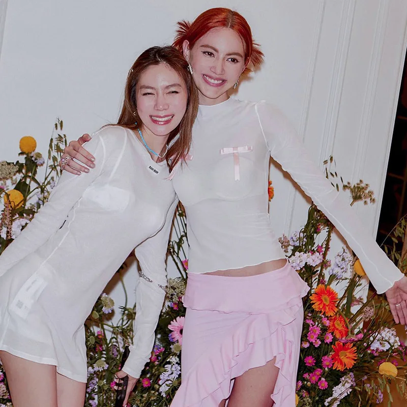 Ootddress Splice Bow Shirts For Women Slim O Neck Long Sleeve Crop Tops Female 2025 Autumn Fashion Bodycon White Tshirts Ladies New