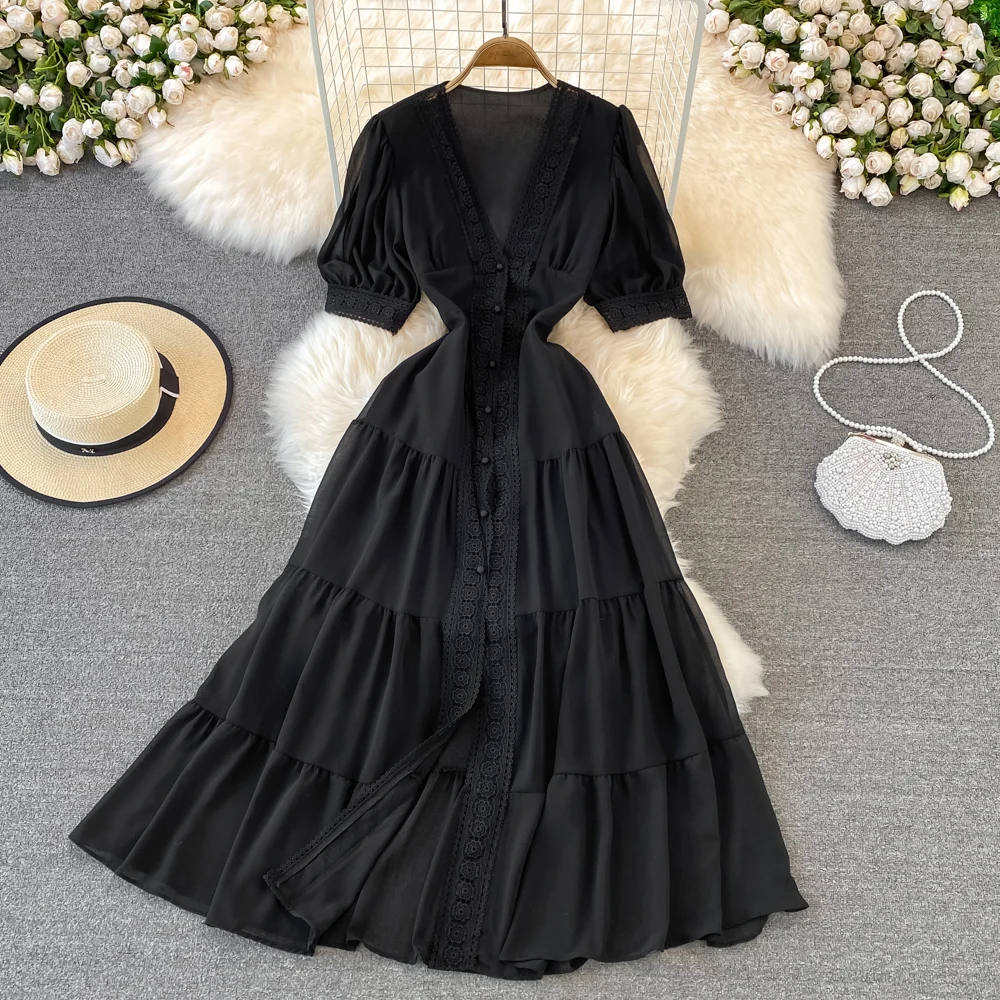 New Women Vintage Party Dress Summer Puff Sleeve Sexy V Neck Lace Single-breasted Long Dresses Ladies A Line Elegant Long Robe 35 New Women Vintage Party Dress Summer Puff Sleeve Sexy V Neck Lace Single-breasted Long Dresses Ladies A Line Elegant Long Robe