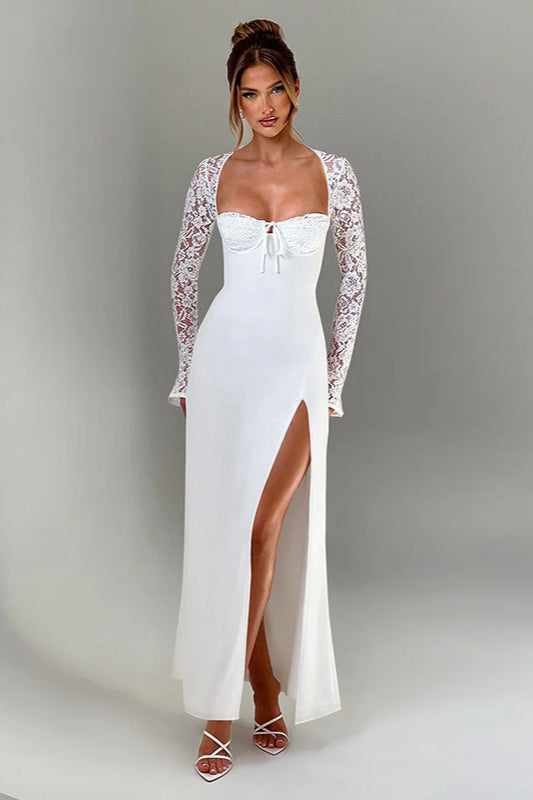 Lace Sleeve Sweetheart Bustier High Split Maxi Gown
