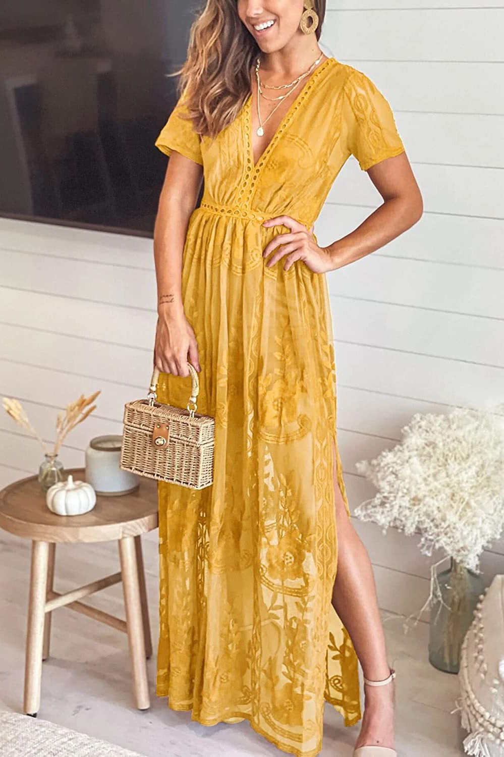 Mesh Floral Embroidery Deep V-Neck Ladder Lace Flutter Sleeve High Split Maxi Dress