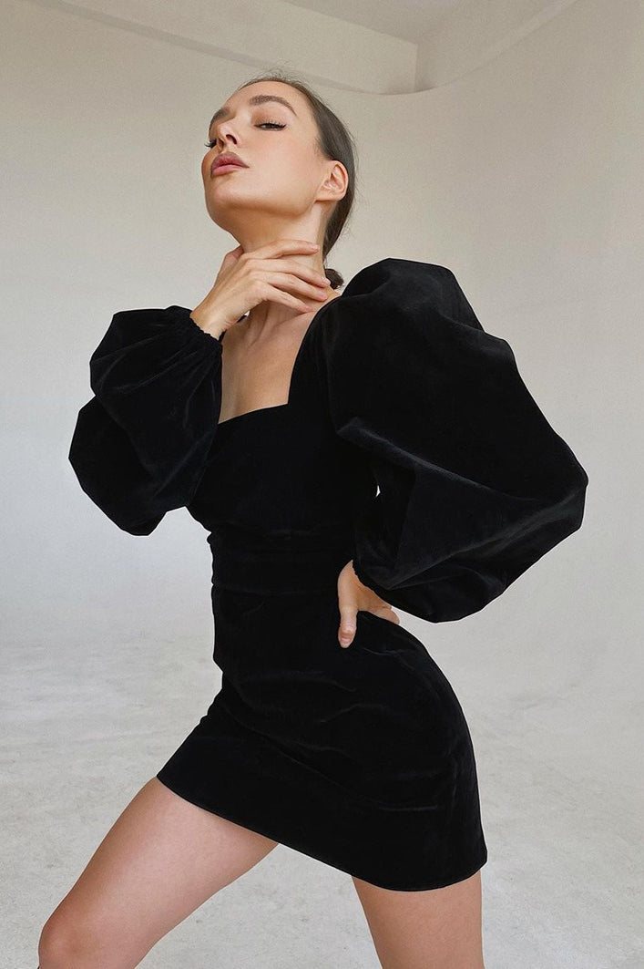 Square Neck Velvet Balloon Sleeve Fitted Mini Dress