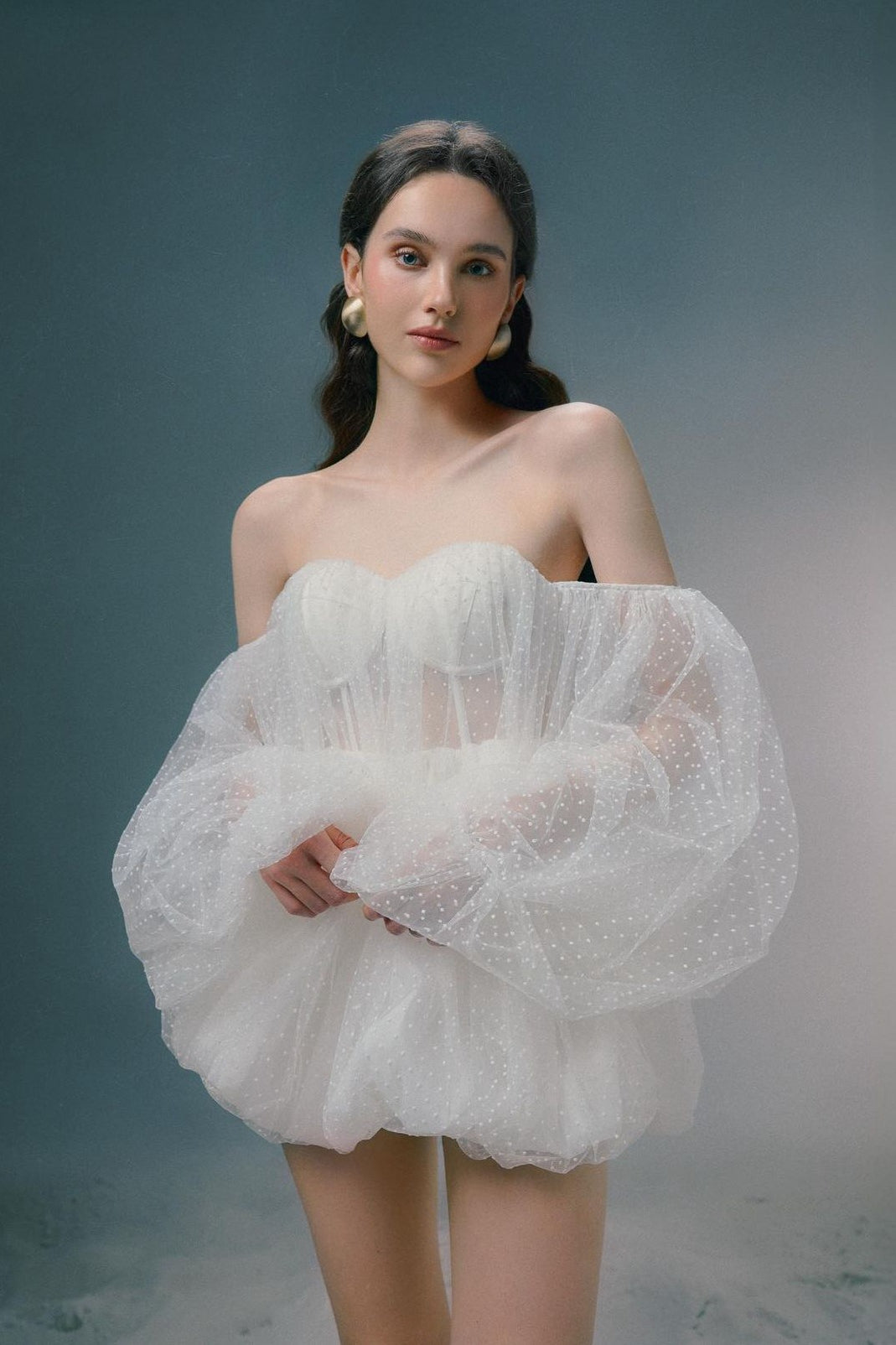 Polka Dot Tulle Sweetheart Neck Oversized Puff Sleeve Bubble Hem Mini Dress