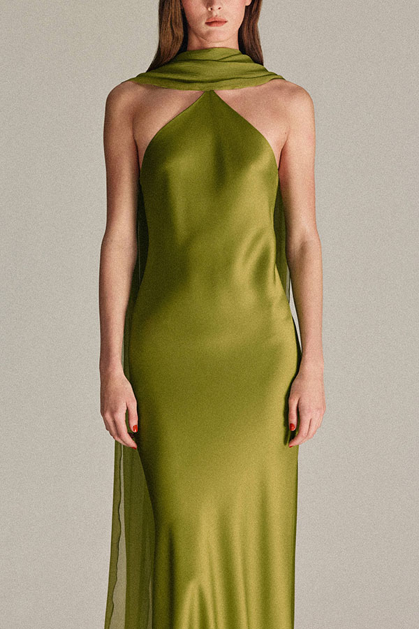 Elegant and Refined Satin Detachable Scarf-style Halter Maxi Dress