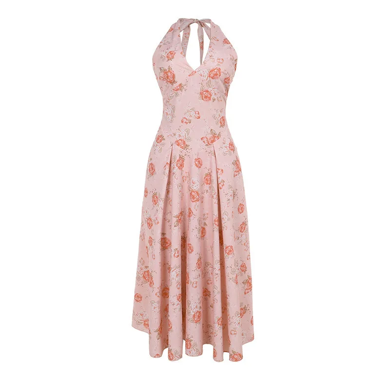 Ootddress Sexy Print Deep V-neck Sleeveless Backless Neck-mounted Dress Women Slim High Waist Birthday Party Dress Femme Outfits