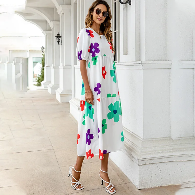 2025 Summer New Women's Print Dress Puff Short Sleeves Ruffles Loose A-line Midi Dresses Fashion Casual Beach Vacation Vestidos 18 undefined