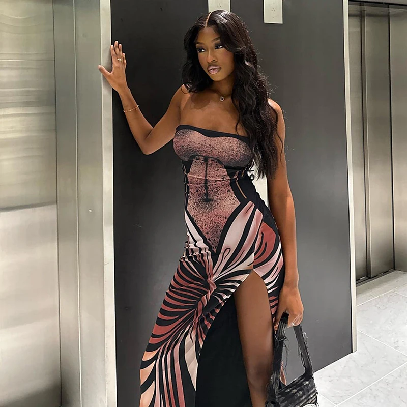 Women Vintage Butterfly Oil Painting Print Wrap Strapless High Split Prom Casual Gowns