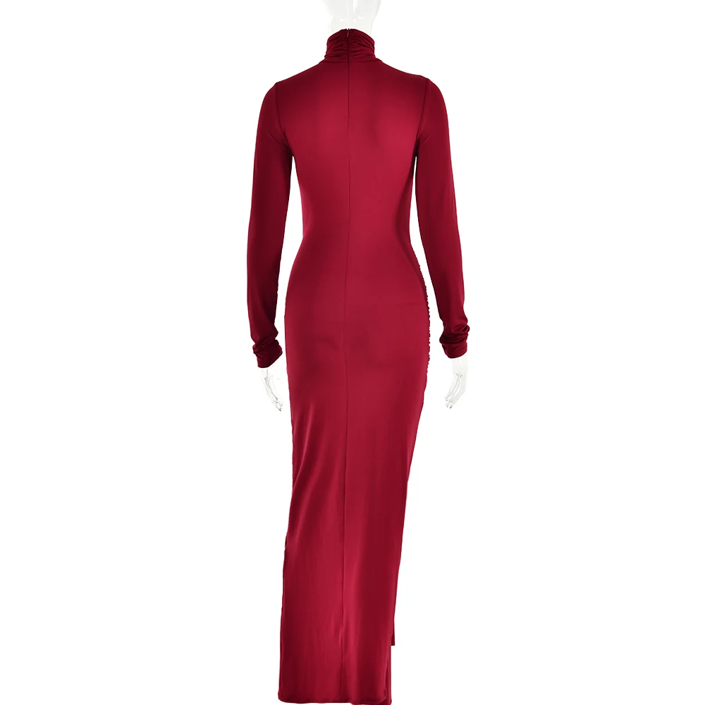 3.jpg Ootddress High Neck Long Sleeve Bodycon Dress For Women Tight Elastic Lace Up Maxi Long Dress Autumn New Party Club Vestidos