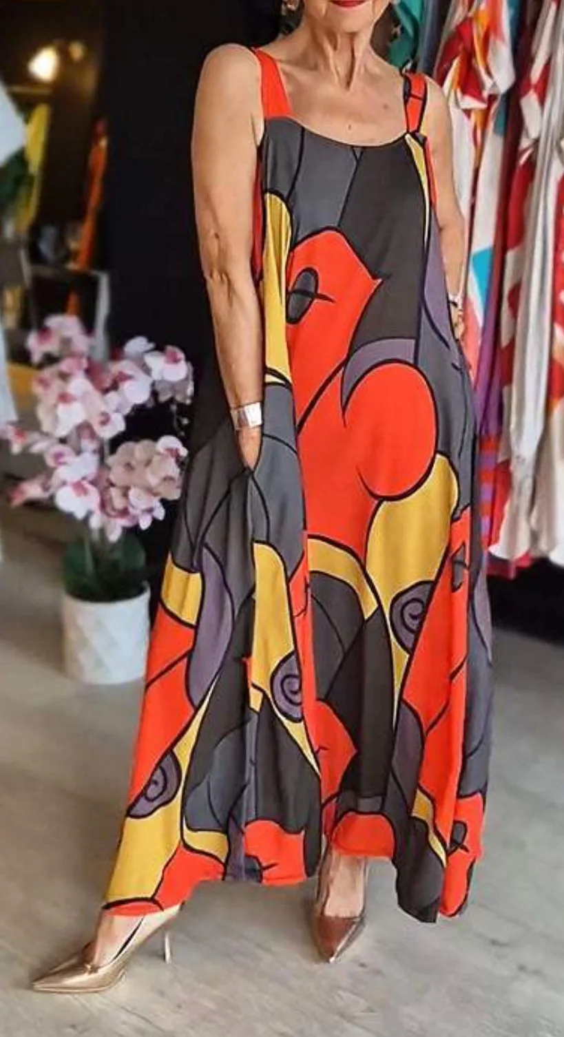 Print Spaghetti Strap Dresses Women Fashion Casual Pocket Loose Long Dress Lady Commuting Clothing Maxi Vestidos 2025 Summer New