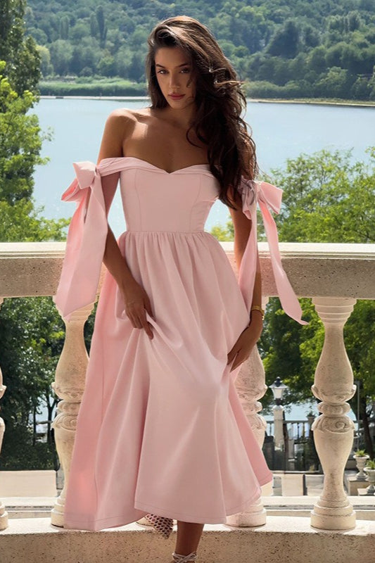 Off Shoulder Tie Shoulder Bow Sweetheart Corset Bodice A Line Midi Dress