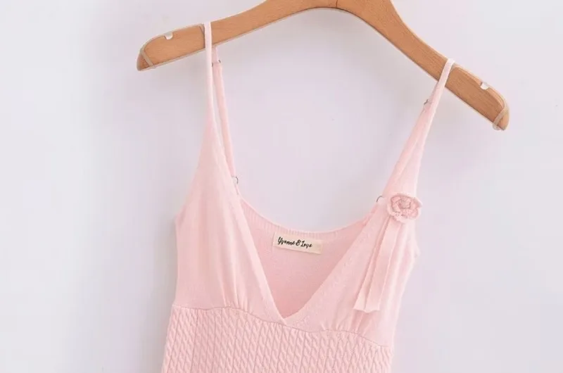 Ootddress Ruffle Knitted Dress For Women Sleeveless V Neck Slim Splice Flower Sundress Ladies Casual Fashion Y2k Solid Dress Woman