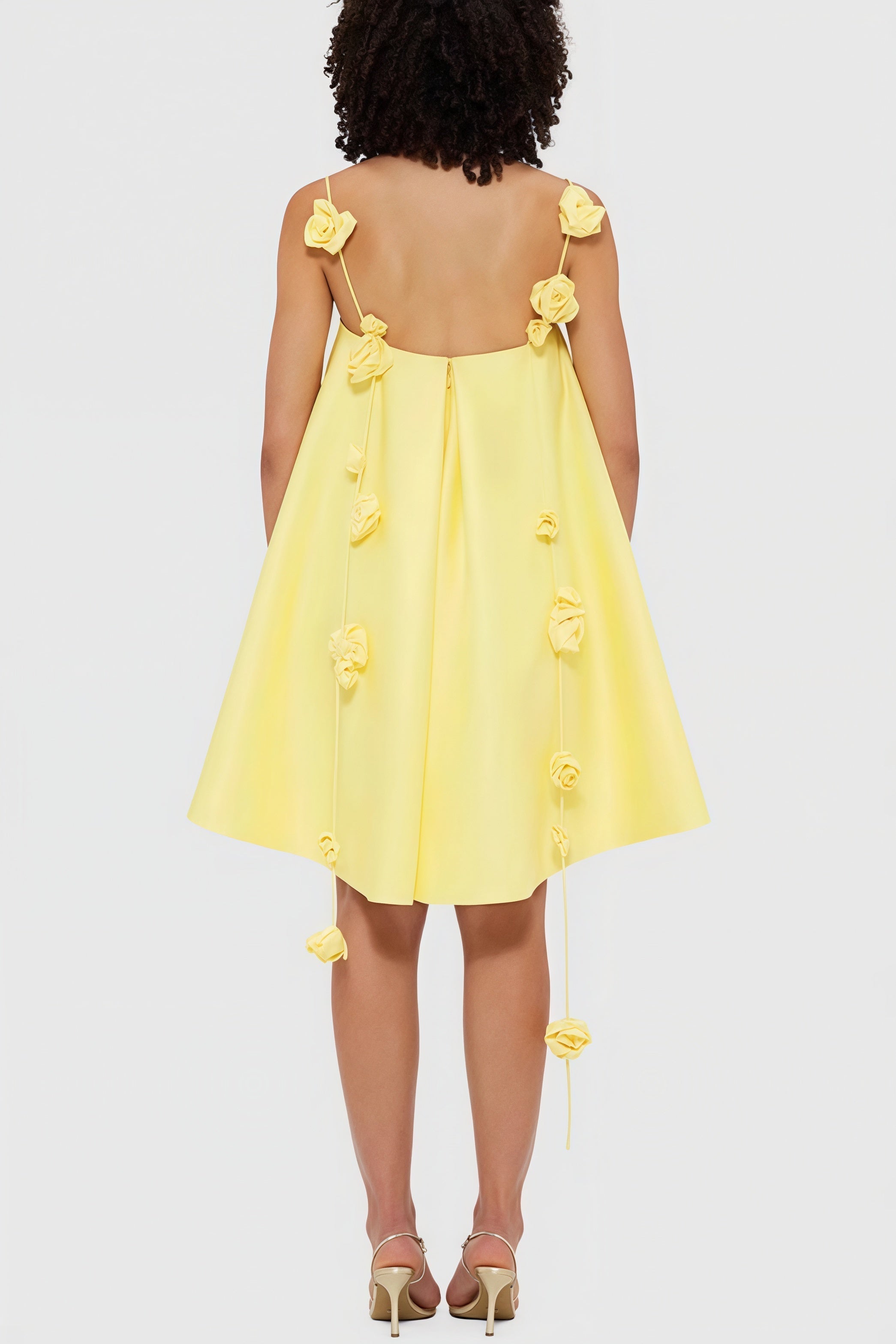 Square Neck Spaghetti Strap Rosette Applique Satin Trapeze Mini Dress