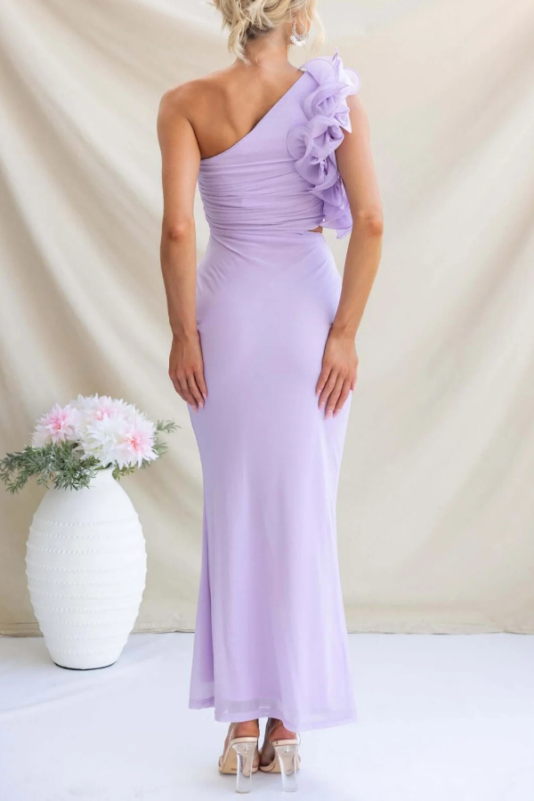 Fashionable Mesh Sleeveless One-shoulder Waist-revealing Maxi Dress
